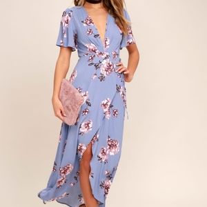 SELMA PERIWINKLE FLORAL PRINT WRAP DRESS- WORN ONC